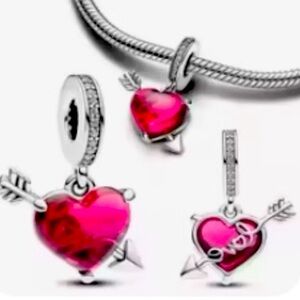 Red Heart & Love Arrow Sterling Silver S925 and Murano Glass Dangle Charm